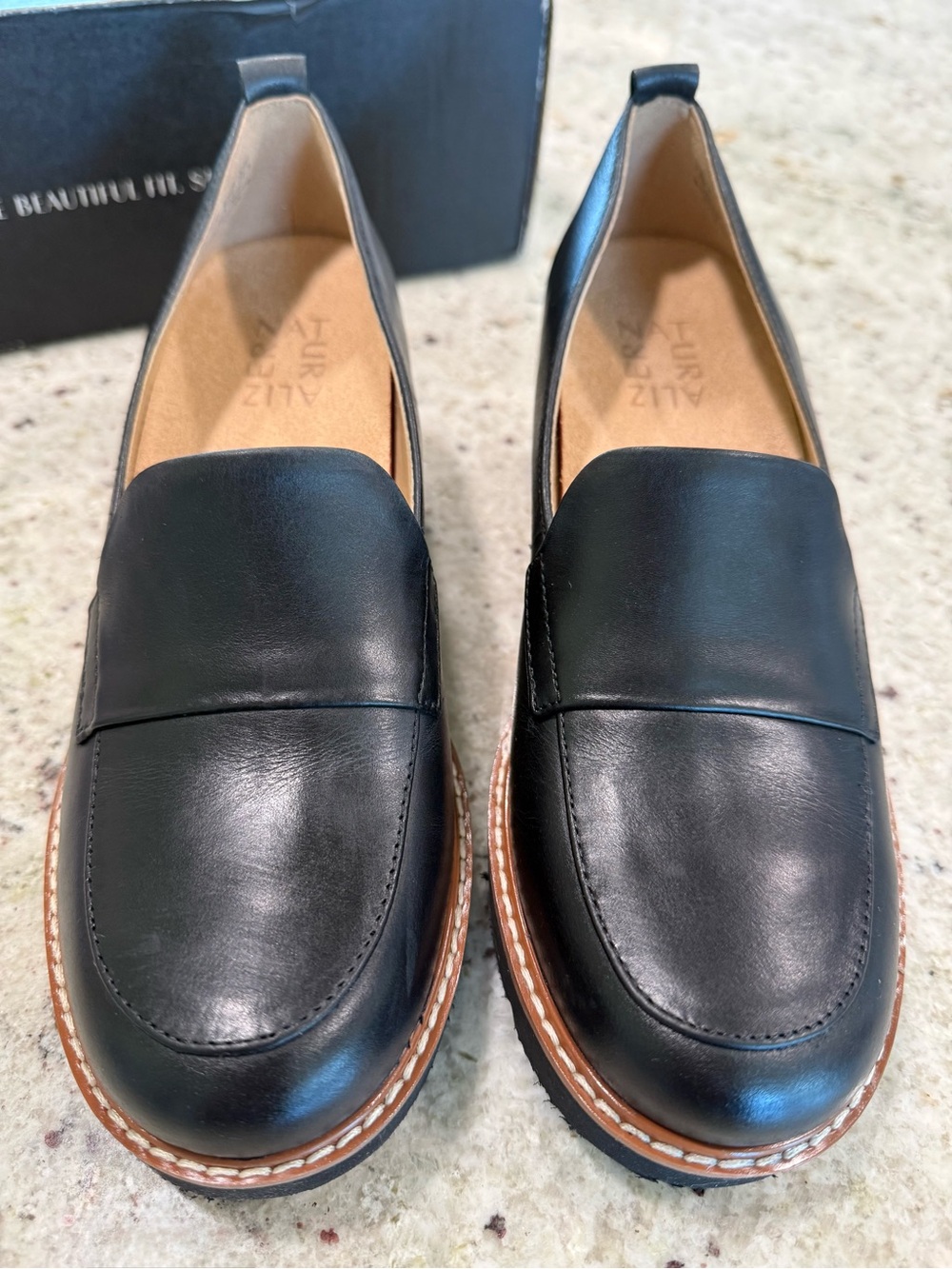 Naturalizer Black Leather Chunky "Darry" Loafers with Tan Welt - Picture 2 of 15